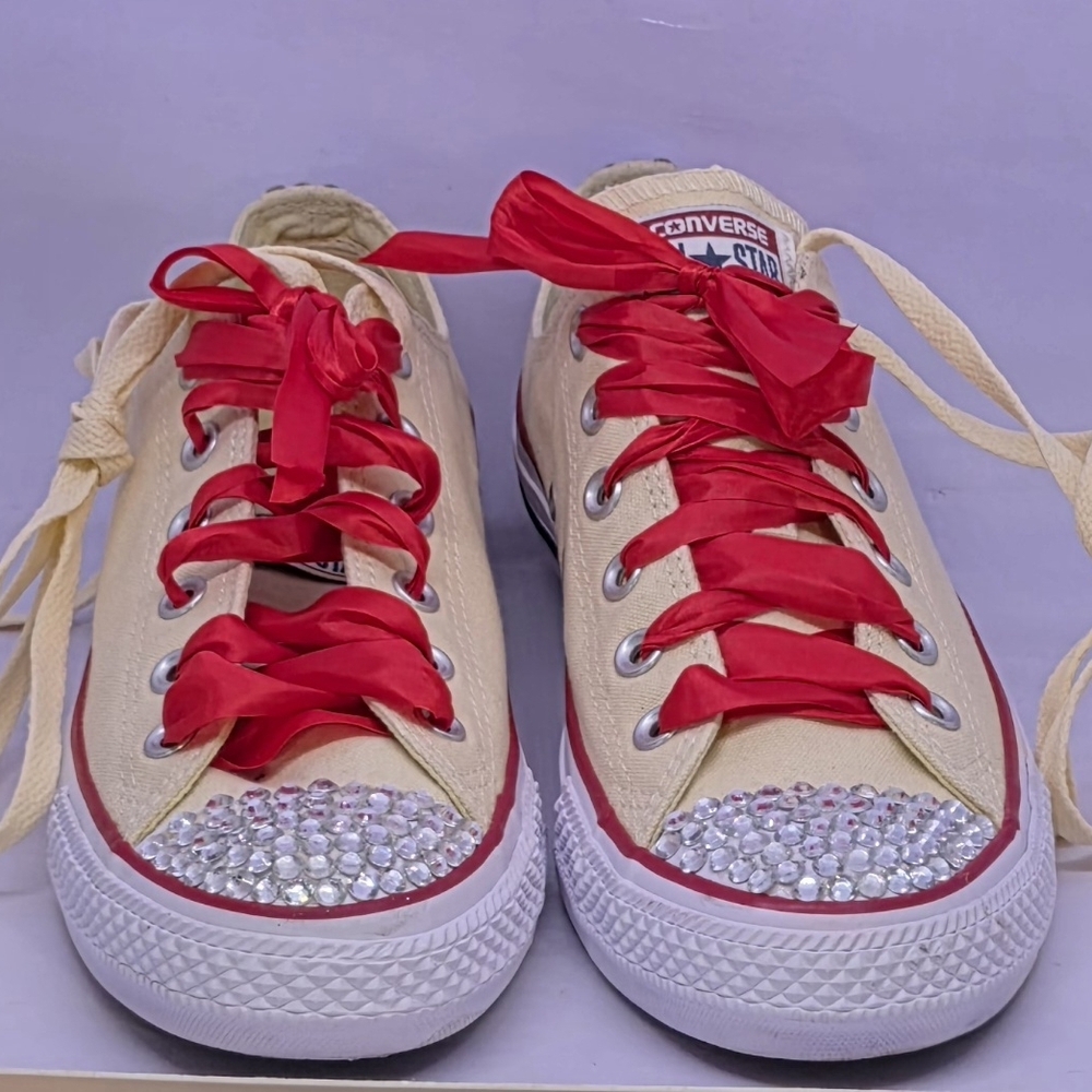 Converse Womens 9 Ladies Cream Sneakers Red Crystal Embellished Accents All Star - Picture 13 of 14